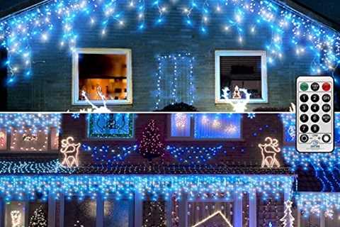 THKFUL 66FT Christmas Icicle Lights Outdoor Curtain Fairy Lights Mains Powered Outside Ice Lights..